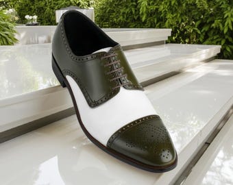 Handmade Leather White and Green Brogue Dress Shoes: Two-Tone Cap Toe Derby Shoes
