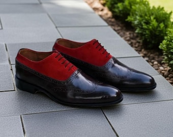 Zapatos de vestir negros con punta de ala para hombre: zapatos de boda de ante rojo y charol