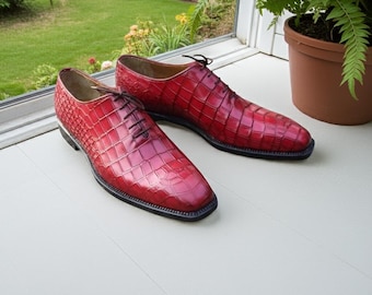 Oxford Red Crocodile Embossed Leather Shoes for Men Formal Dress Shoes