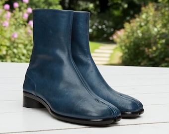 Handmade Leather Navy Blue Tabi Boots - Split Toe Japanese Style Ankle Boots
