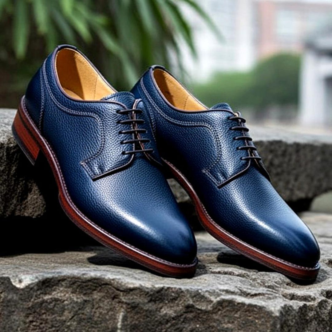 Handmade Blue Leather Derby Shoes: Men's Lace-Up Dress Shoes