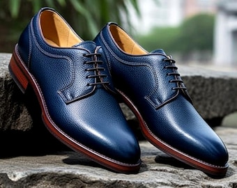 Handmade Blau Leder Derby Schuhe: Herren Schnürschuhe