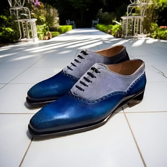 blue sole dress shoes Handmade Gray Suede & Navy Oxford Brogue Shoes: Men's Leather Premium Materials LC_dresses Black Sequin Tiered Mini Color:White& Black