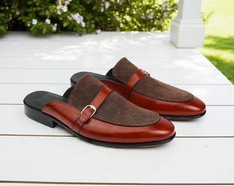 Handmade Brown Suede Leather Mules: Men's Backless Loafers - Luxury Leather Slippers