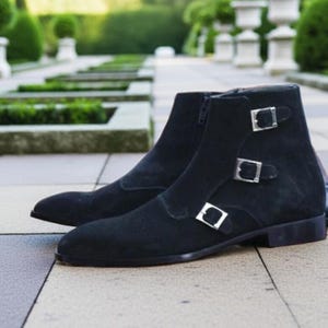 Stylish Men Black Suede Leather Dress Boots Monk Strap High Ankle Boots, Men&#39;s Formal Boots