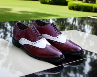 Chaussures richelieu élégantes blanches et bordeaux bouts d'ailes pour homme Chaussures habillées en cuir faites main