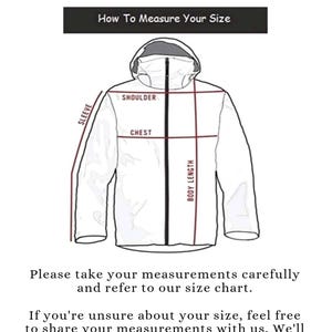 May include: A white jacket size guide from The Leather Posh, with labeled areas for shoulder, chest, sleeve, and body length measurements. Text reads "How To Measure Your Size" and instructions to share measurements for a custom fit.