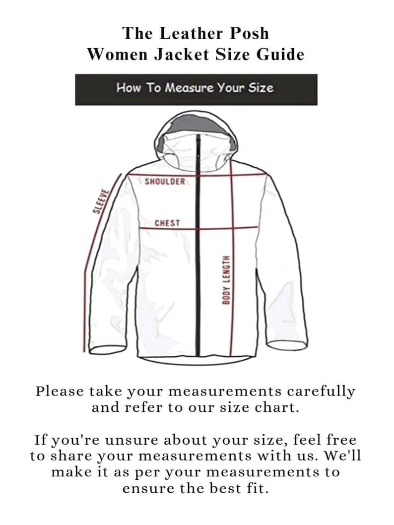 May include: A white jacket size guide from The Leather Posh, with labeled areas for shoulder, chest, sleeve, and body length measurements. Text reads "How To Measure Your Size" and instructions to share measurements for a custom fit.