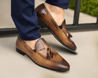 Handgefertigte Tan Leder Quaste Loafers: Herren Tan Braun Slip-On Abendschuhe