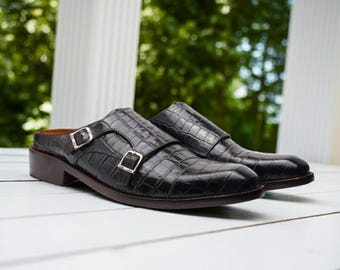 Black Alligator Embossed Leather Clogs – Handmade Double Monk Slip-On Loafers – Men's Leather Slippers