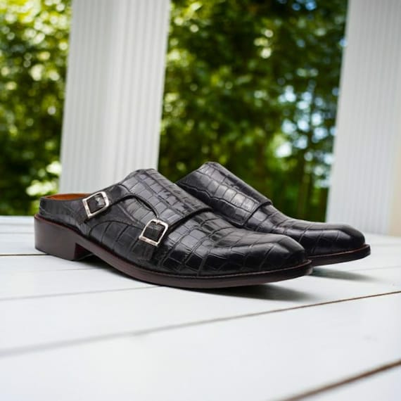 Black Alligator Embossed Leather Clogs - Handmade Double Monk Slip-On Loafers - Men's Leather Slippers