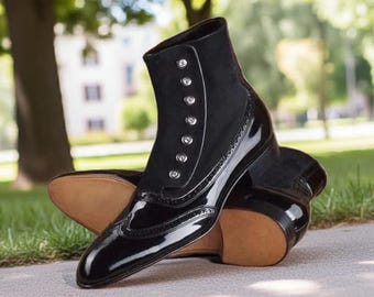 Handmade Black Patent Leather & Suede Dress Boots: High Ankle Button Strap Boots