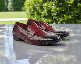 Burgundy Crocodile Embossed Leather Penny Loafers: Handmade Men's Dress Shoes