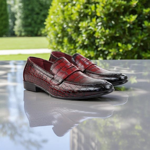 Men\'s Burgundy Croc-Embossed Leather Lace-Up Slip-On Loafers Men main image 4