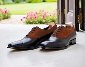 Men's Oxford Black & Brown Suede Formal Shoes Handmade Leather Dress Shoes