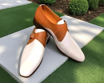 Men's White and Brown Monk Strap Dress Shoes Handmade Leather Formal Wedding Shoes