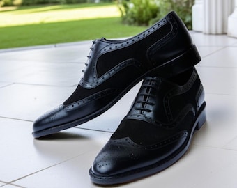 Handmade Black Leather Suede Spectator Brogue Shoes - Men Formal Dress Shoes