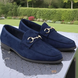 Stylish Blue Suede Buckle Loafers Slip on Leather Shoes for Men Party Wear Fashion Shoes