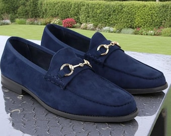 Handmade Blue Suede Horsebit Loafers: Men's Leather Slip-On Dress Shoes