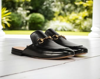 Mules Horsebit de cuero negro para hombre - Mocasines sin talón hechos a mano - Pantuflas de cuero para hombre