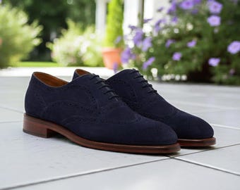 Stilvolle Oxford Navy Blau Wildleder Anzug Schuhe für Herren - Handgefertigte Leder Wingtip Brogue Schuhe
