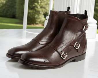 Herren Braun Leder Monk Strap Stiefel: Hohe Knöchel Stiefel