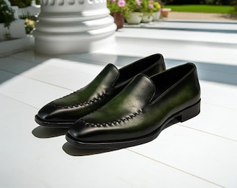 Men's Green Slip-on Shoes - Handmade Leather Green Loafers
