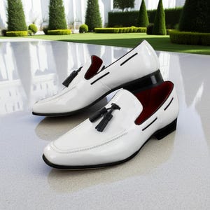 Stylish White Slip on Leather Tassel Loafers Men White Dress Shoes