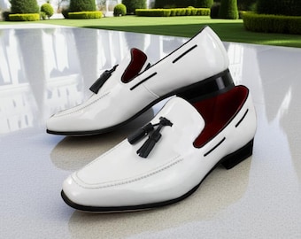 Stylish White Slip on Leather Tassel Loafers Men White Dress Shoes