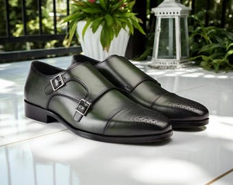 Handmade Men’s Green Leather Double Monk Strap Shoes – Formal Dress Shoes