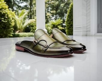 Men’s Green Leather Mules – Double Monk Handmade Backless Shoes - Men Leather Slippers