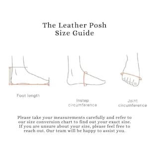 Puede incluir: Un gr&aacute;fico blanco con el texto "The Leather Posh Size Guide" e ilustraciones de c&oacute;mo medir la longitud del pie, la circunferencia del empeine y la circunferencia de la articulaci&oacute;n. El texto anima a los clientes a tomar medidas con cuidado.