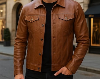 Chaqueta de cuero marrón tostado estilo camionero para hombre: chaqueta con botones estilo vintage hecha a mano