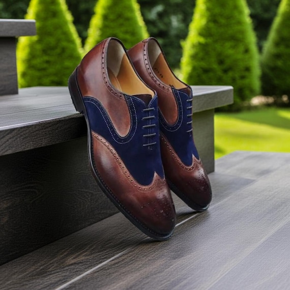 blue and brown mens dress shoes Handmade Men’s & Navy Lace Up Leather & Suede Shoes, Wing Tip Brogue this technique involves a badge:trending_us Dark Navy Blue Lace Size/Width:11-D