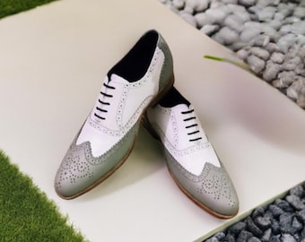 Handmade Two-Tone Spectator Wingtip Brogue Shoes: White & Gray Leather Dress Shoes