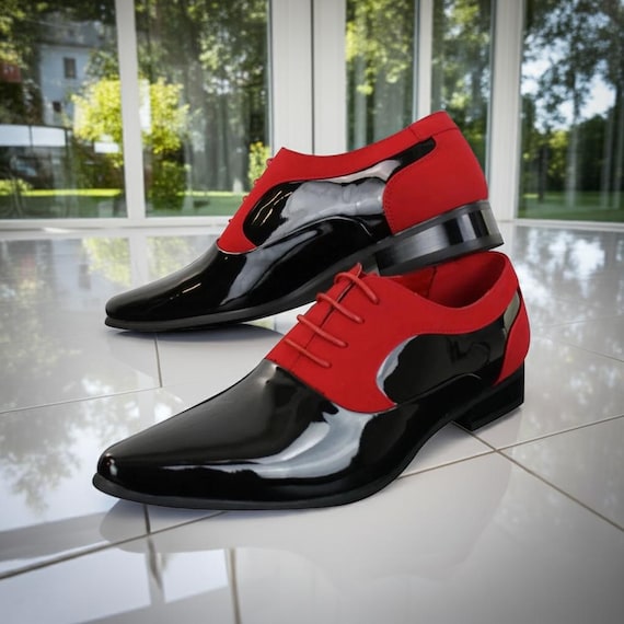 Red Suede & Black Patent Leather Oxford Shoes: Men's Wedding Dress Shoes