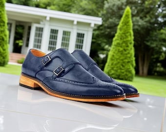 Scarpe brogue blu Oxford con punta a coda di rondine: scarpe eleganti in pelle con doppio cinturino Monk