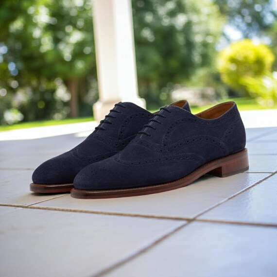Stylish Oxford Navy Blue Suede Dress Shoes for Men - Handmade Leather Wingtip Brogue Shoes