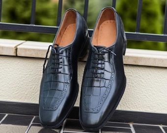 Handmade Black Alligator Embossed Brogue Shoes for Men: Leather Oxford Dress Shoes