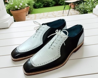 Handmade Leather Brogue Dress Shoes for Men White & Black Lace-Up Wedding Shoes