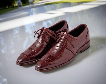 Burgundy Crocodile Embossed Derby Shoes: Men's Formal Leather Dress Shoes