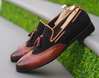Stijlvolle zwarte suède bruine leren loafers met kwastjes voor heren, geklede herenschoenen