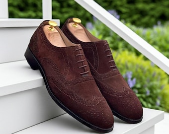 Stylish Oxford Brown Suede Dress Shoes for Men – Handmade Leather Wingtip Brogue Shoes
