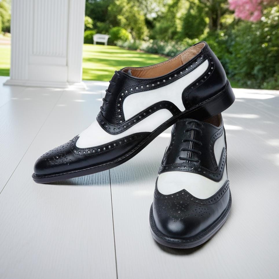 Handmade Leather Black and White Spectator Brogue Shoes - Men Formal Dress Shoes Handmade Leather Black and White Spectator Brogue Shoes - Men Formal Dress Shoes