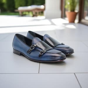 Stylish Black and Navy Blue Double Monk Slip on Shoes for Men Handmade Leather Blue Dress Shoes, Men's Formal Shoes