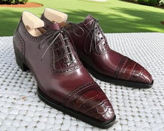 Burgundy Crocodile Embossed Oxford Shoes: Men's Formal Dress Shoes