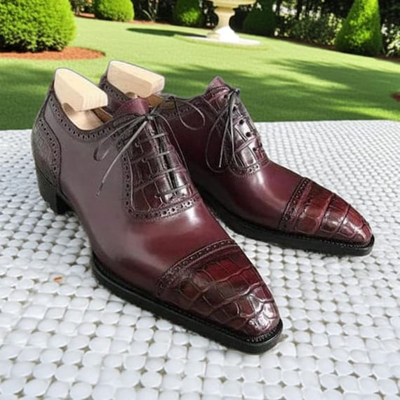 Burgundy Crocodile Embossed Oxford Shoes: Men's Formal Dress Shoes Burgundy Crocodile Embossed Oxford Shoes: Men's Formal Dress Shoes