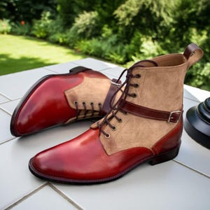 Tan Suede & Burgundy Leather Monk Strap High Ankle Boots - Men&#39;s Formal Dress Boots