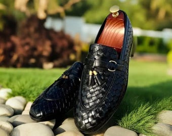 Handmade Leather Tassel Loafers: Black Slip-On Dress Shoes for Men