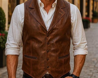 Vintage Brown Leather Vest for Men – Handmade Cowboy Western Vest